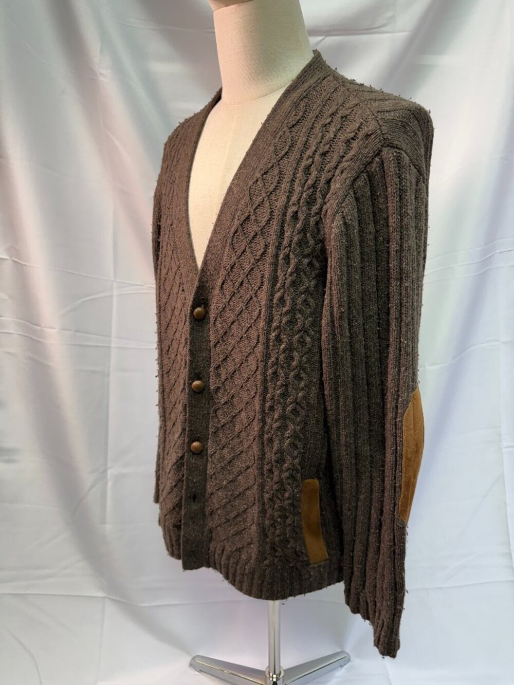 Woolrich Men's XL Brown Cable Knit Wool Cardigan Sweater Suede Elbow Patches